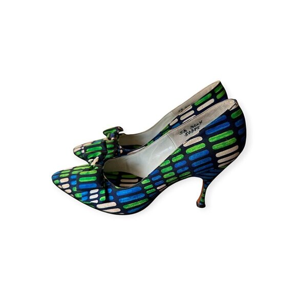 Vintage Herbert Levine Pumps |1960s Mod| Blue Green Geometric, Bow | Size 5.5A - Picture 6 of 14
